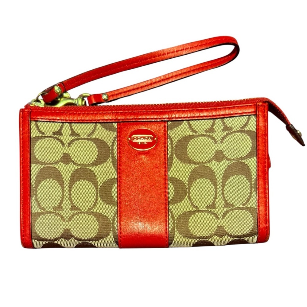 Coach Beige Signature Canvas Wristlet Wallet Red Leather Trim